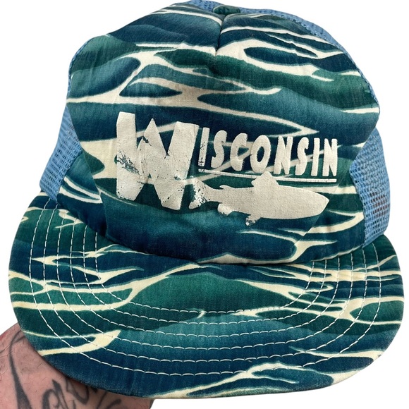 Vintage Wisconsin Fishing Trucker Cap Water Camo Mesh Back Made in USA Snap-back - Picture 2 of 10